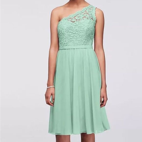 Davids Bridal Short One Shoulder Corded Lace Dress F15711 Womens Size 10 Mint - Picture 2 of 7